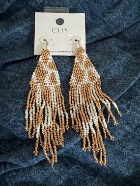 Gold and White Beaded Fringe Earrings - Women's Fashion Jewelry